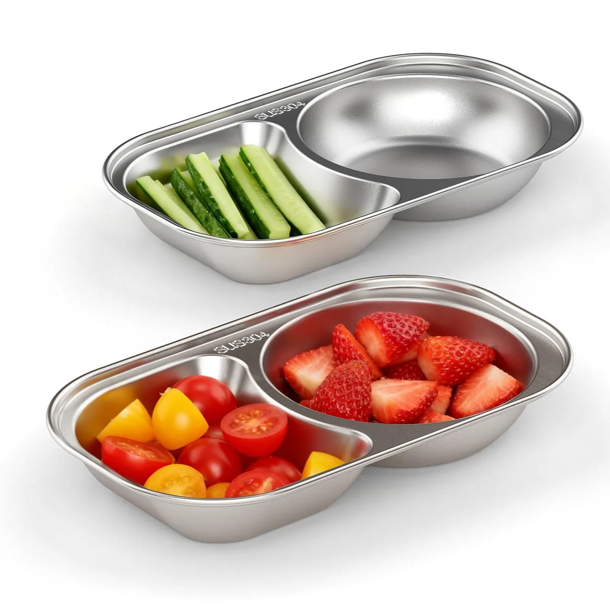 Rectangular stainless steel plate with two divided compartments, silver rim, white finish