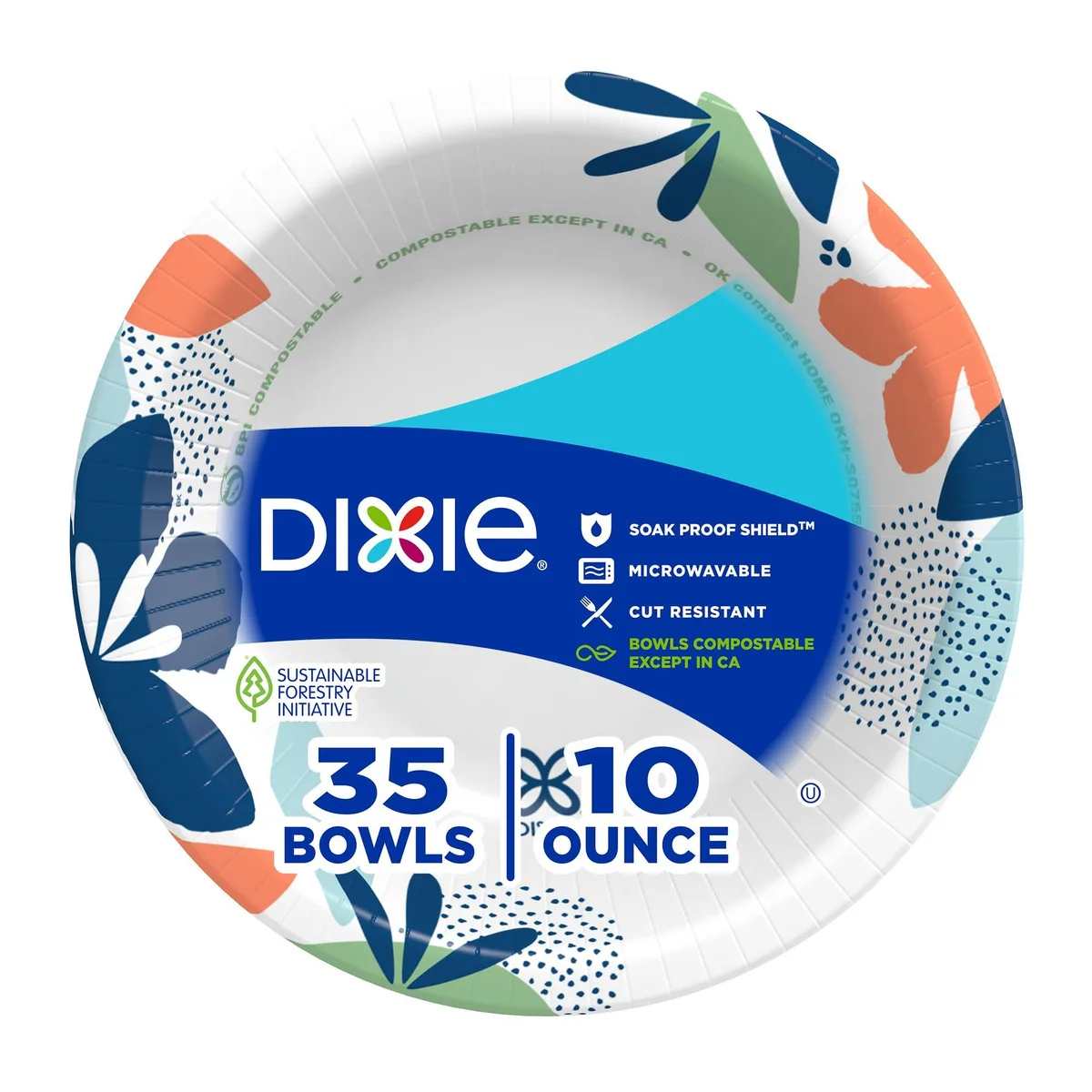 Stack of round multi-colour paper bowls, 35-count pack