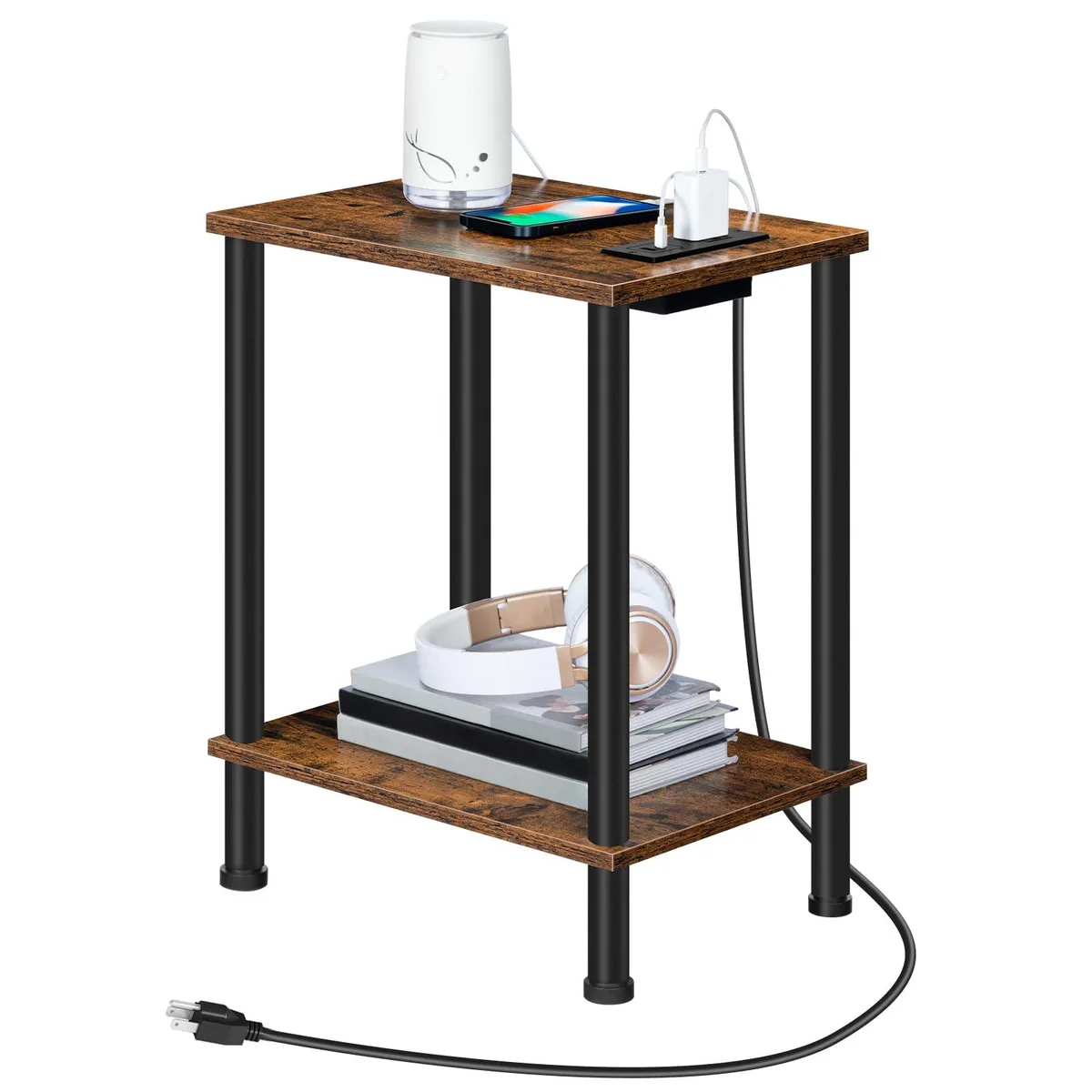 Rectangular rustic-brown end table with black metal legs and two open shelves