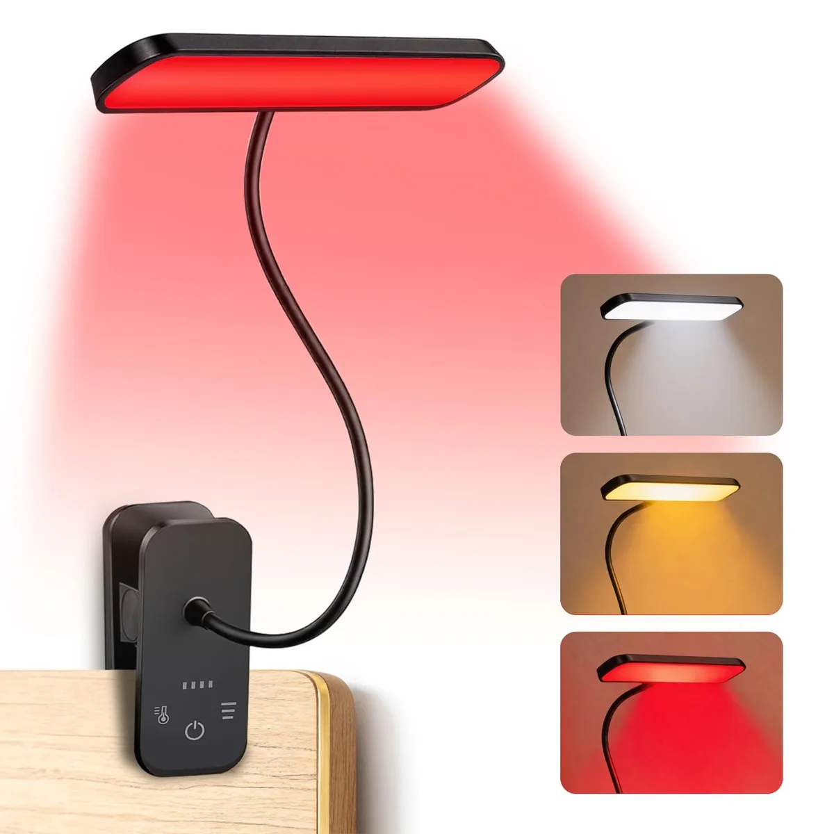 Black clip-on book light with 48 red LEDs and rechargeable body