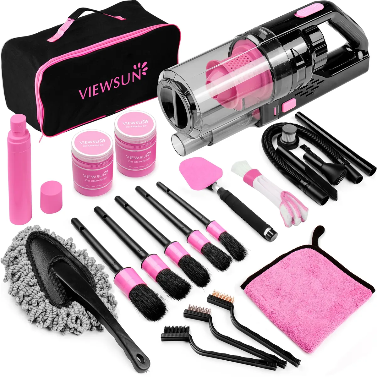 Pink 17-piece car cleaning kit in oxford storage bag with handheld vacuum and detailing brushes