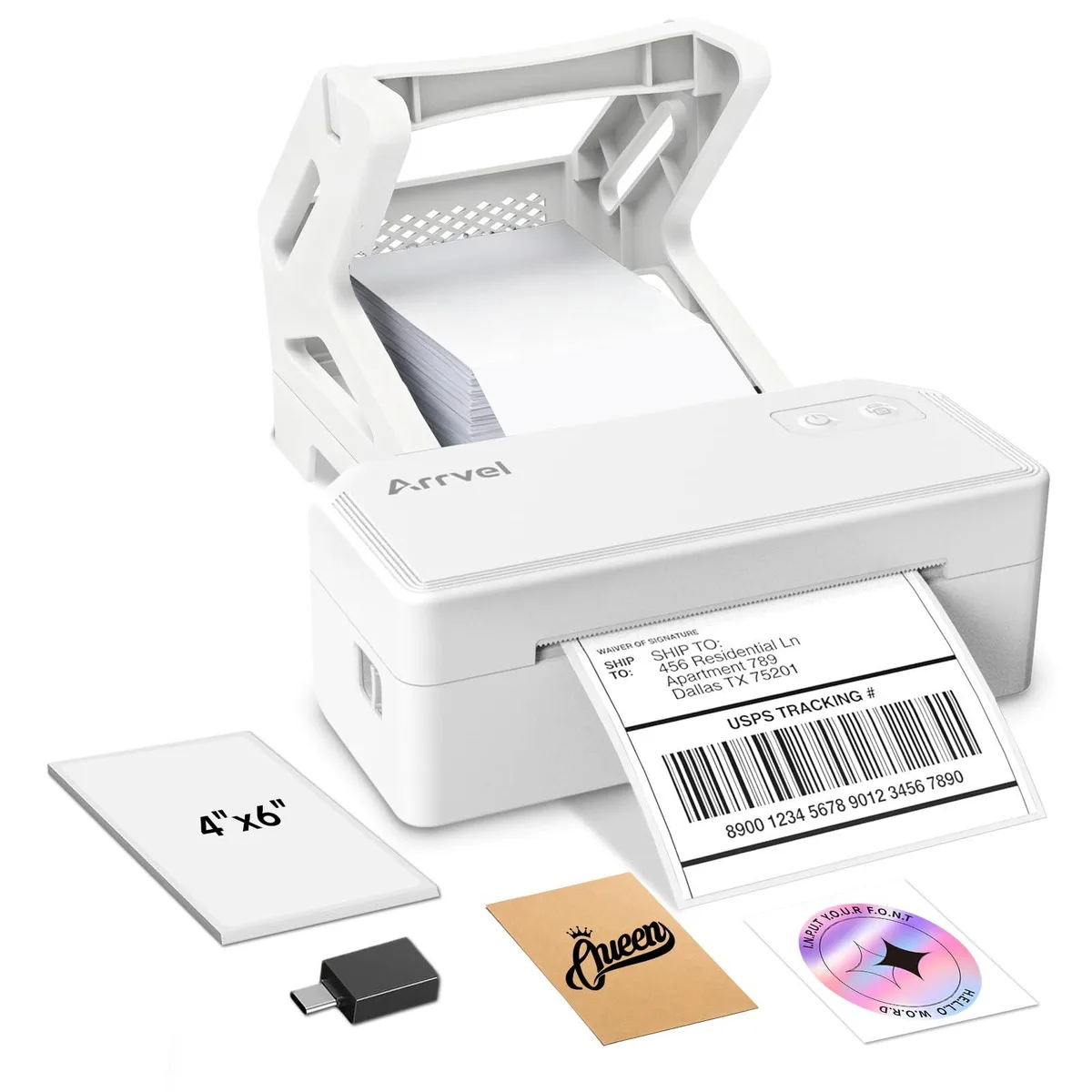 White desktop thermal label printer with integrated stand, 4 by 6 inch print width, Bluetooth and USB connectivity
