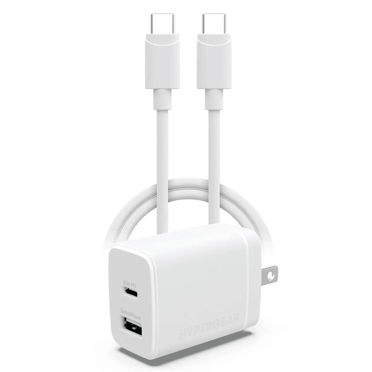 HyperGear HyperGear 30W PD Dual Wall Charger + USB-C to USB-C Cable White — product photo