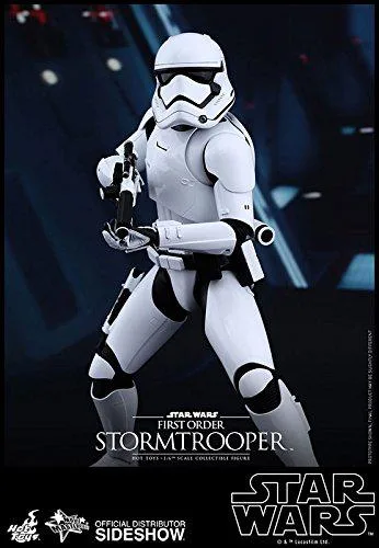 Sixth-scale First Order Stormtrooper figure in white armour with blaster rifle and hexagonal stand