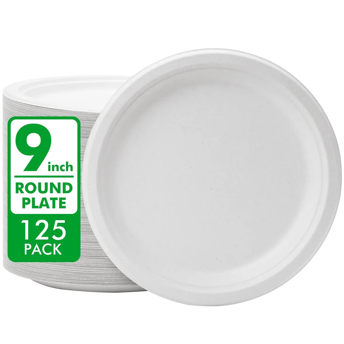Stack of 125 white round bagasse plates, 9 inch, matte finish