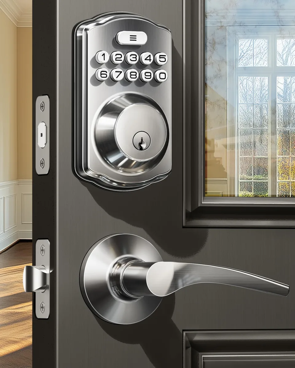 Satin nickel electronic deadbolt with dual lever handles and backlit keypad