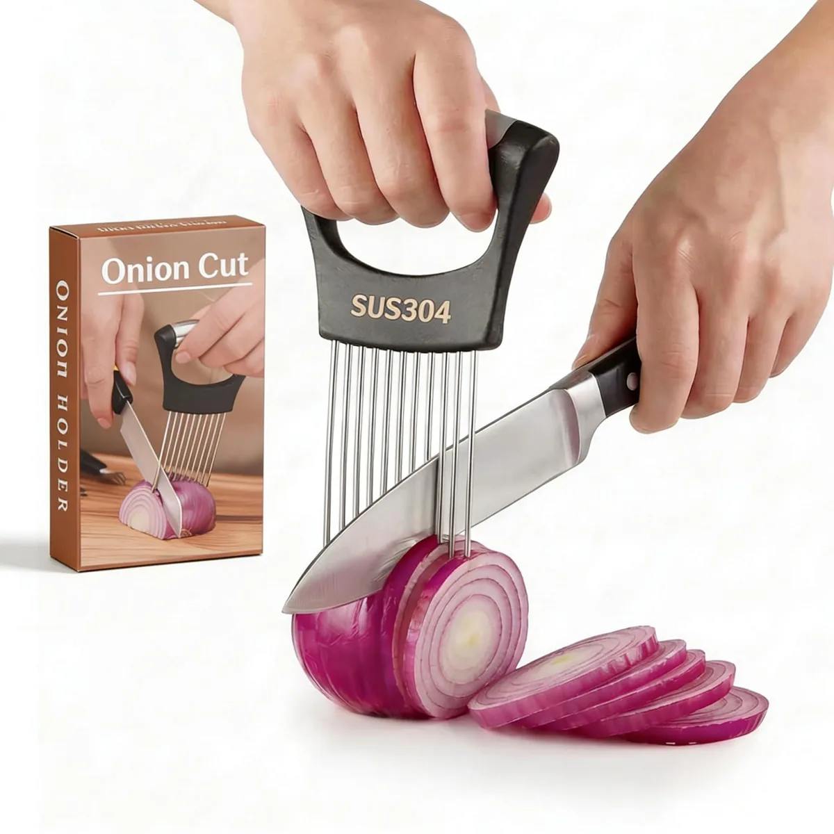  AOYYUBK STAONSLICER Stainless Steel Onion Holder &amp; Slicer 10 Prongs 304 — product photo
