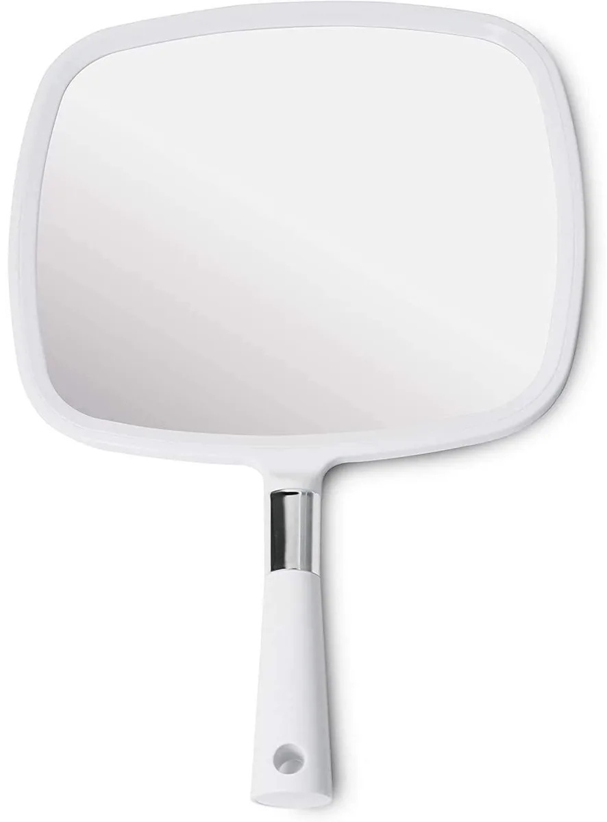White rectangular hand mirror 13 inches long with ergonomic handle and hole for hanging