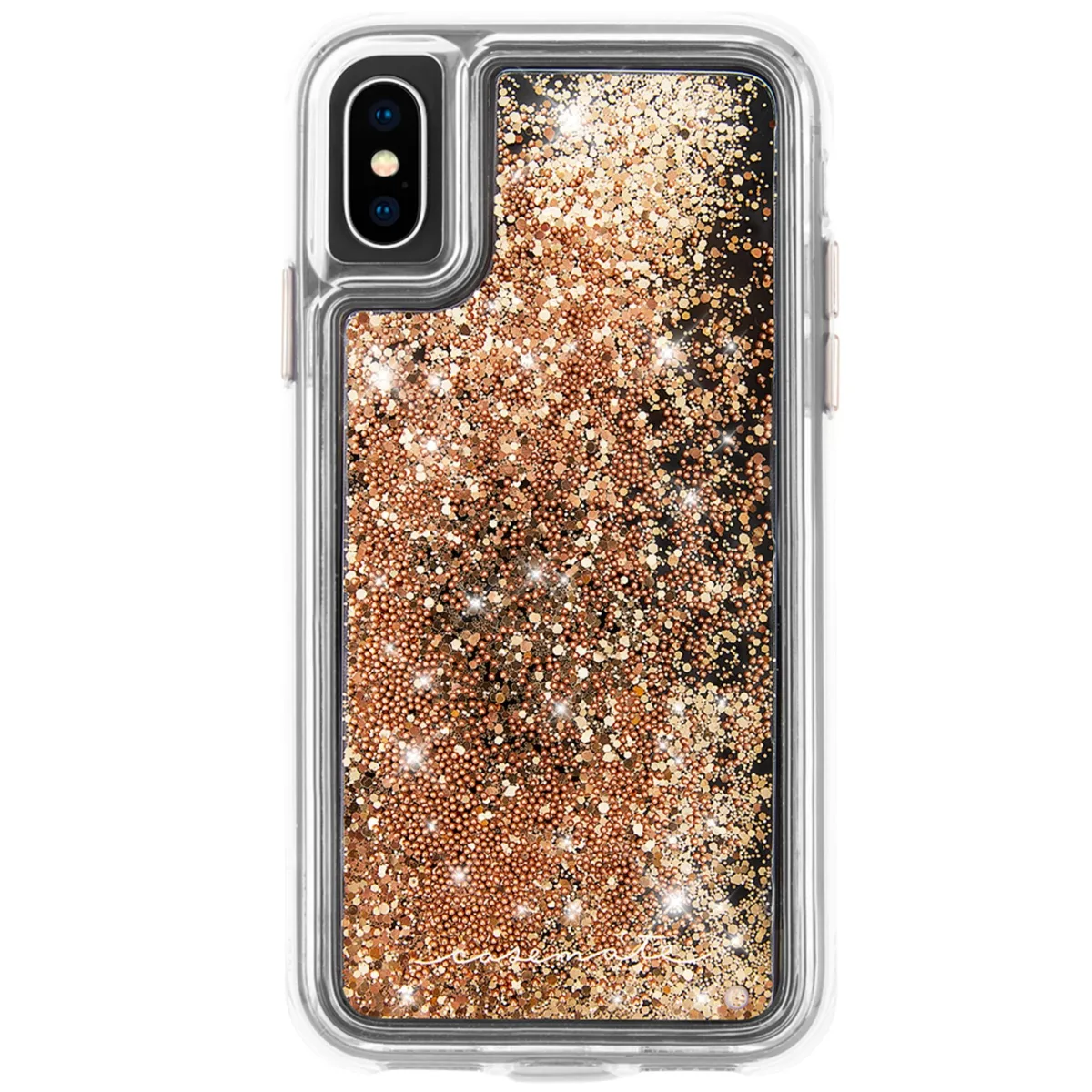 Clear slim case with cascading gold glitter inside, metallic button accents