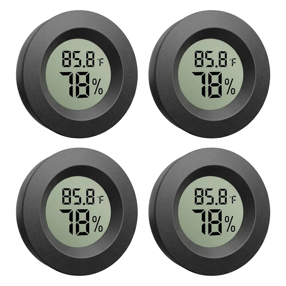 Four small black digital hygrometer thermometers with LCD screens