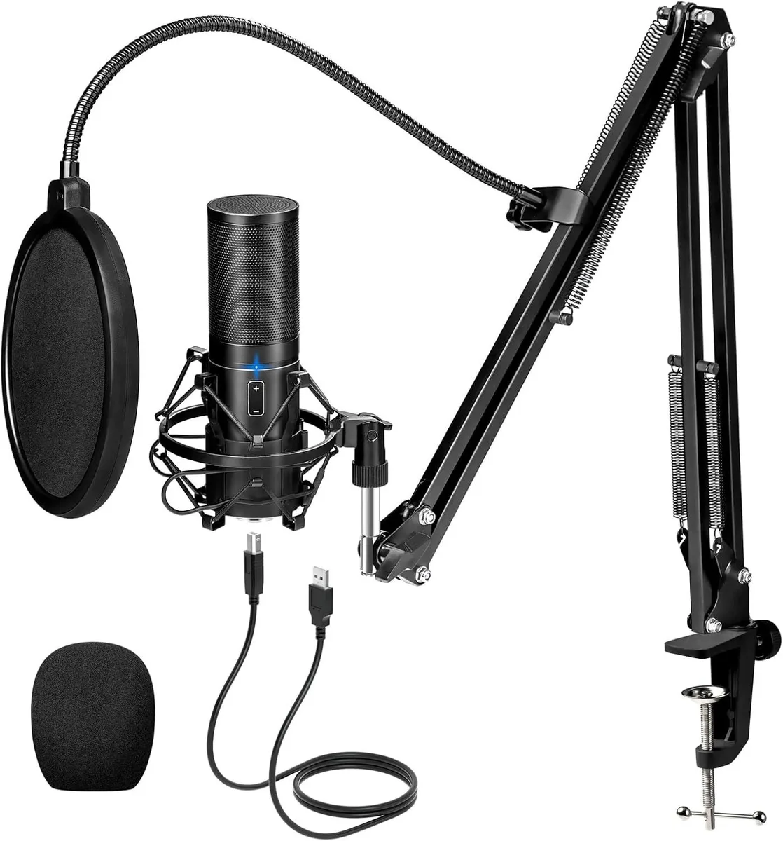 Black USB microphone kit with metal boom arm stand and pop filter