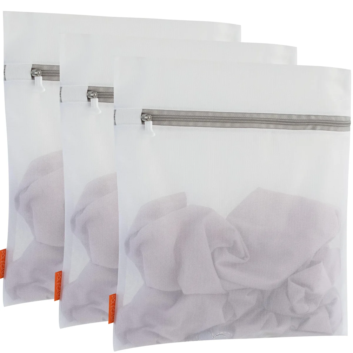 Three white rectangular mesh laundry bags with auto-lock zippers and elastic guards, each 16 by 20 inches