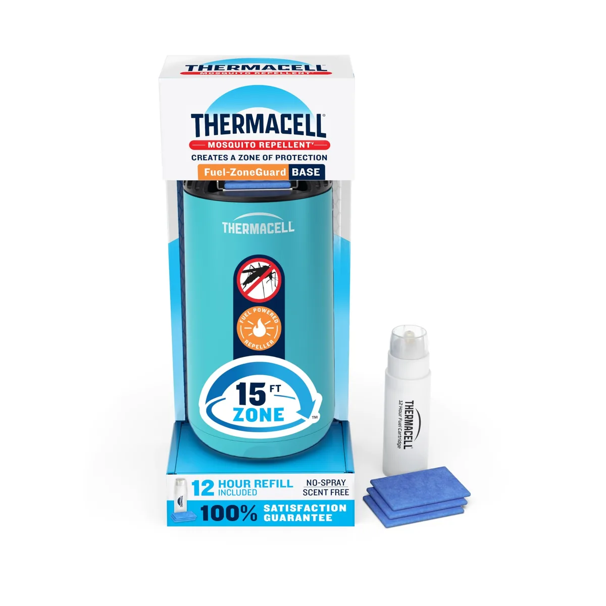 Glacial blue mosquito repeller with fuel cartridge and refill mats