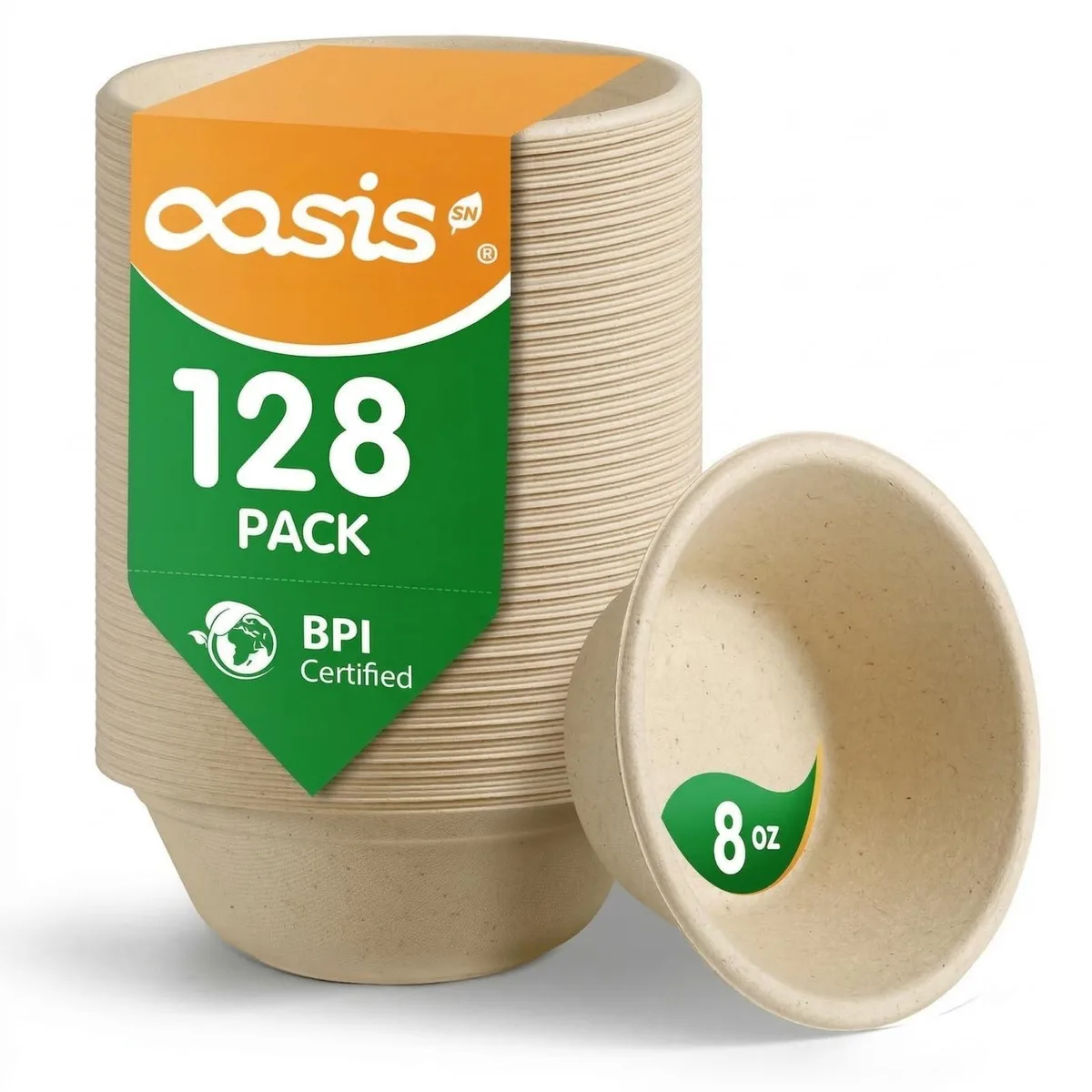 Stack of 128 natural brown round bagasse bowls in cardboard box