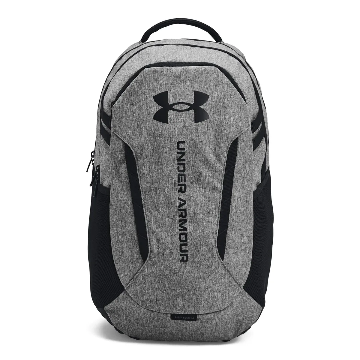 Grey heather polyester backpack with black accents, 29 litre capacity, top grab handle, side bottle pocket, MOLLE webbing