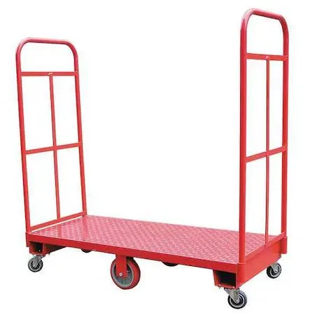 Red powder-coated steel platform truck with ribbed deck and tall handle