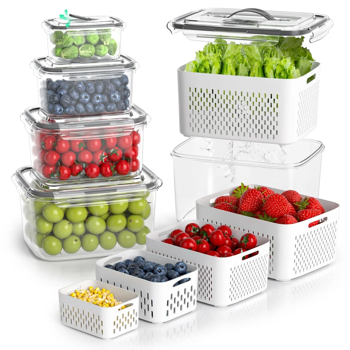 Red five-piece food storage set with vented lids and colanders, clear containers, stackable design