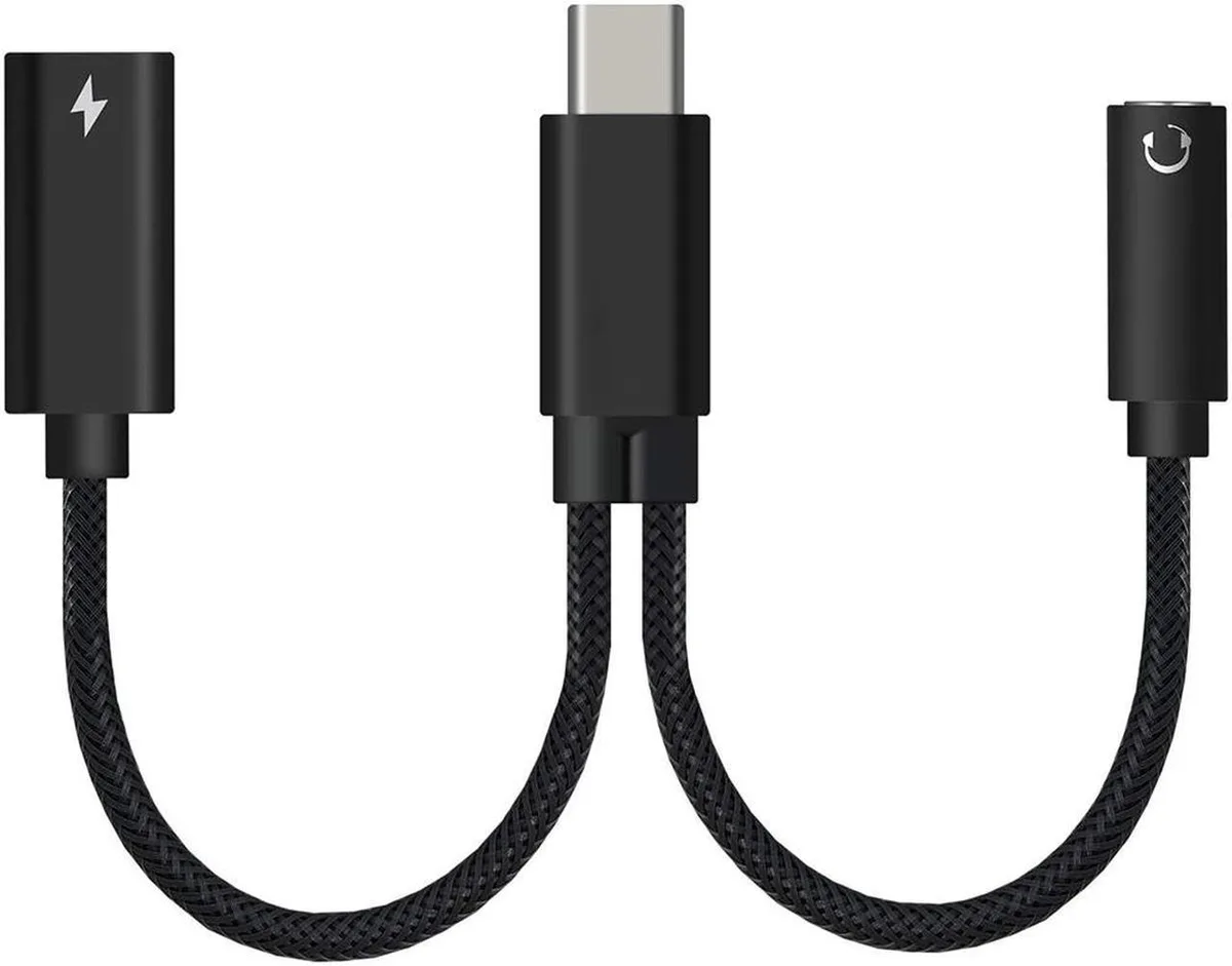 Small white USB-C dongle with 3.5 mm jack and USB-C PD port, braided cable