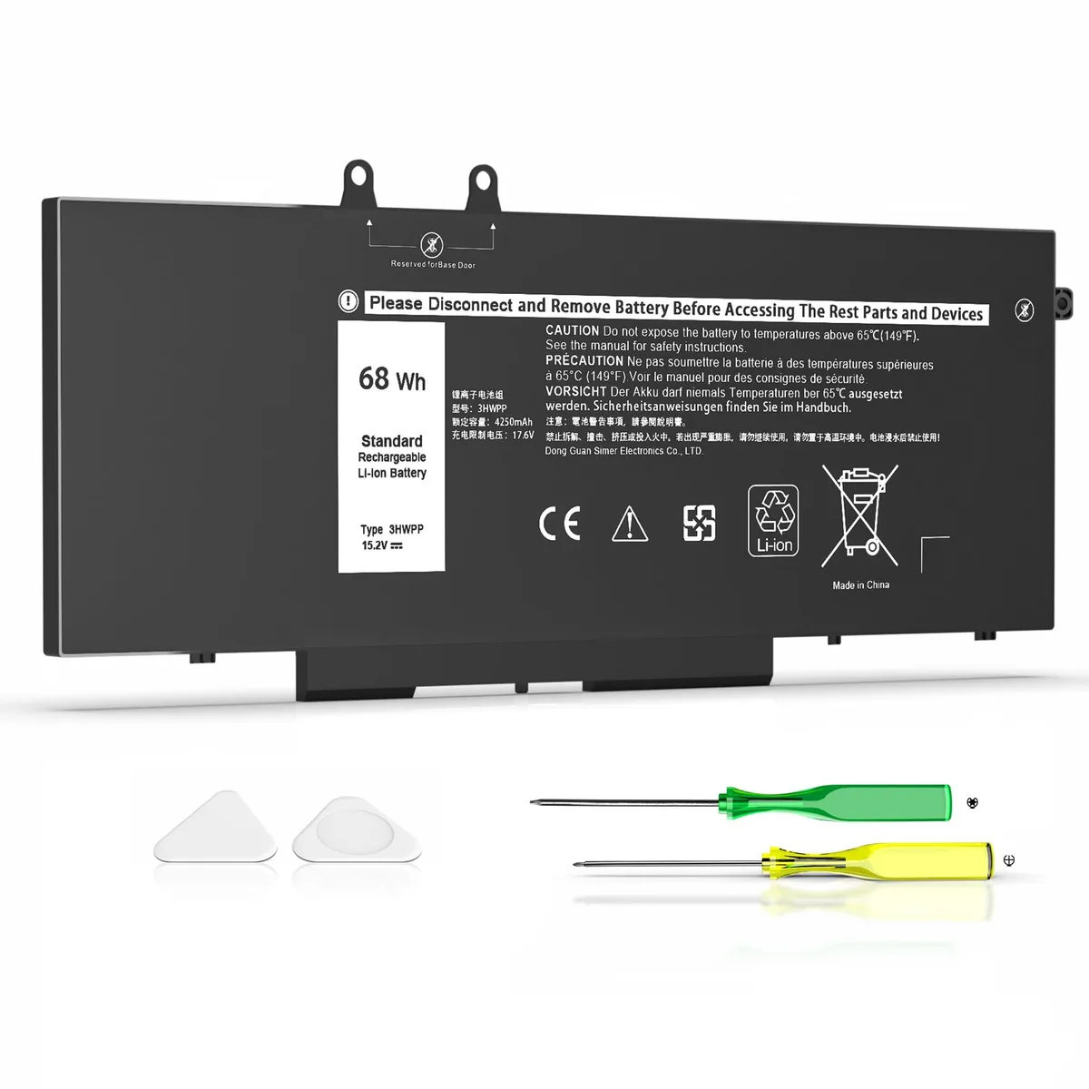 Rectangular black lithium-ion laptop battery with four cells and 68Wh capacity