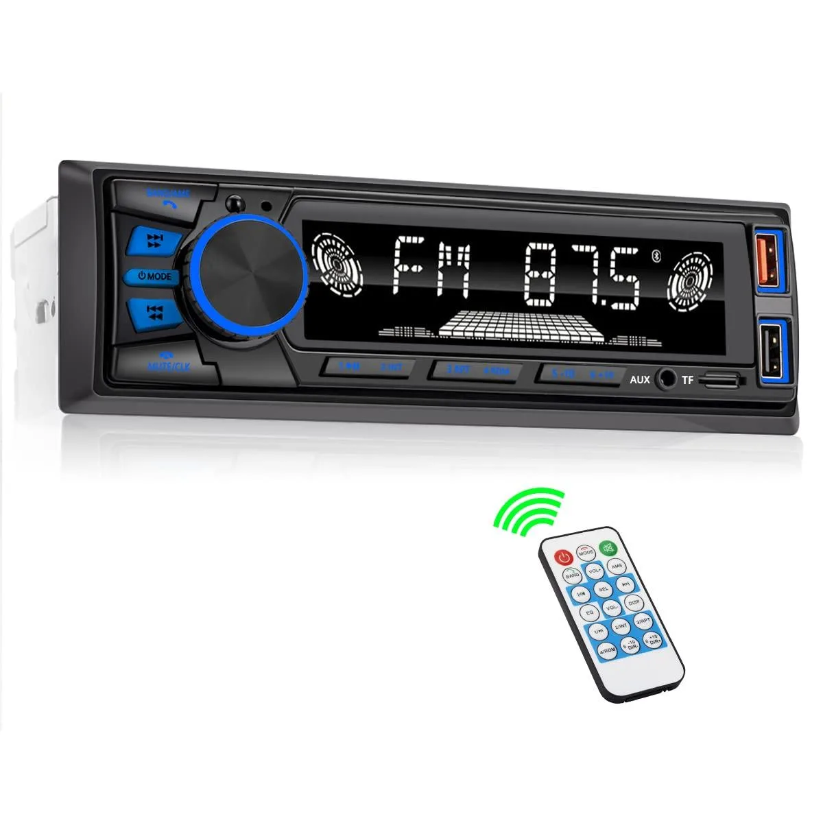  REAKOSOUND 820s Single DIN Receiver Bluetooth FM USB AUX APP 7 LED 18 Presets 2.1A Charge — product photo
