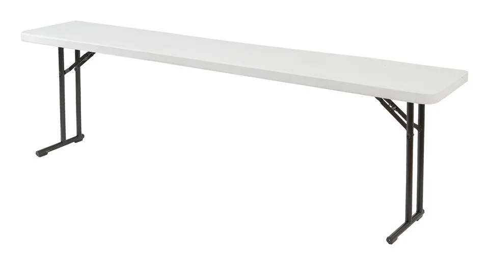 Light grey rectangular folding table with grey steel legs, 60 by 18 inches