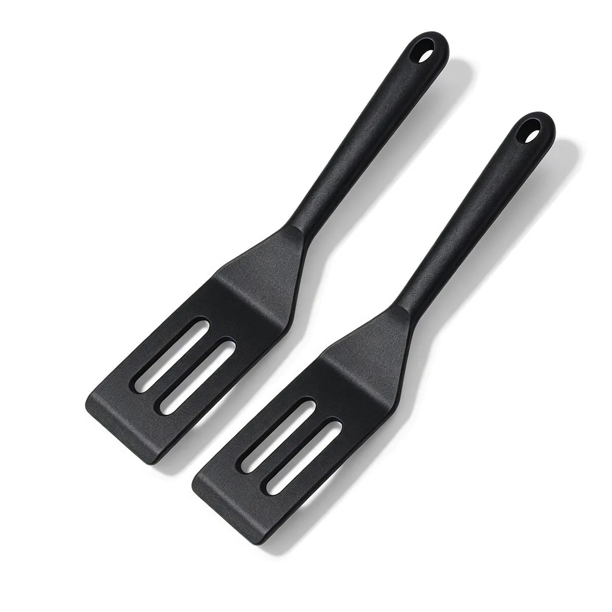 Two black silicone mini spatulas, slotted heads, thin flexible edges, 8.06 in long