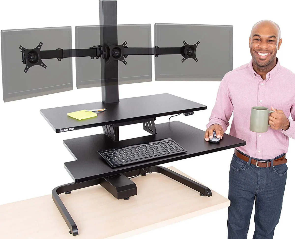 BFKK BFKK Techtonic Electric Standing Desk Converter 3 Monitor Mounts — product photo