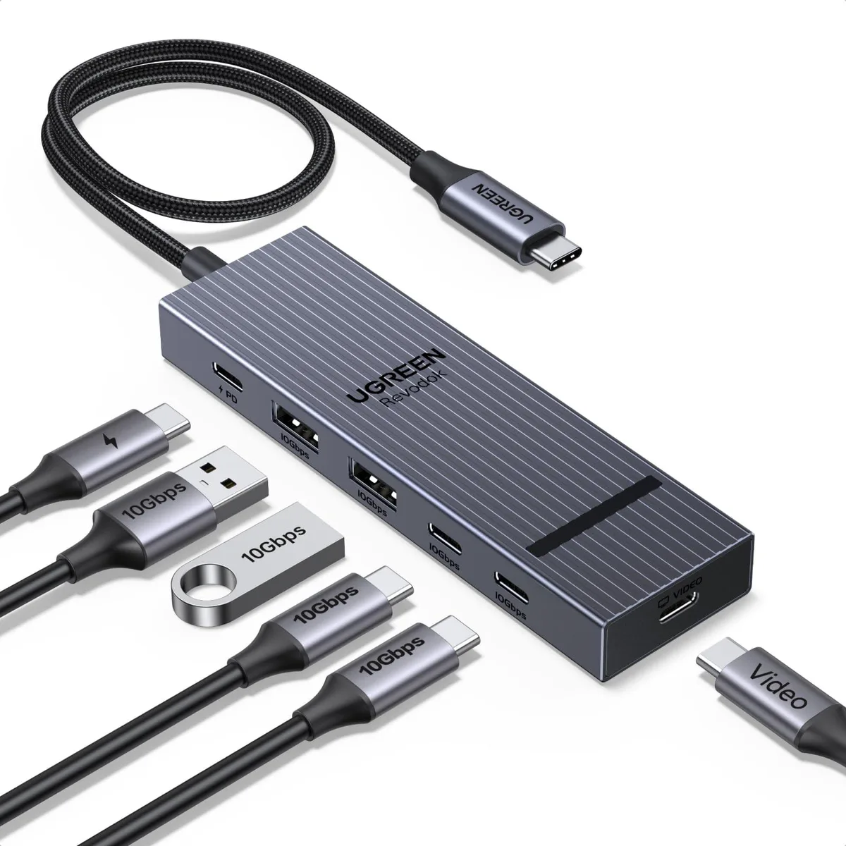 Compact aluminium USB-C hub with short braided cable, 1.9 by 10 by 18.1 cm