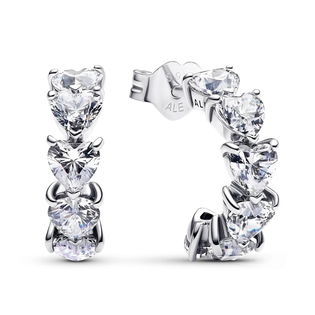 Pair of sterling silver open hoop earrings with twelve heart-shaped cubic zirconia stones