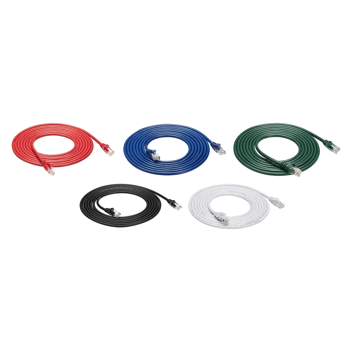 Five 10-foot multicolour Cat6 Ethernet cables with snagless RJ45 connectors