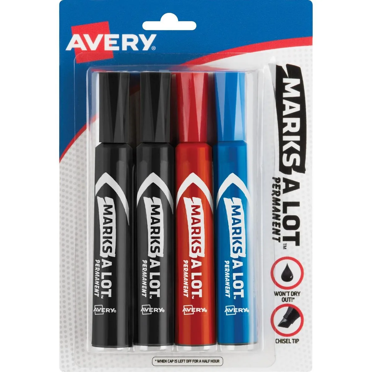 Four Avery Marks-A-Lot chisel-tip permanent markers in black blue and red barrels