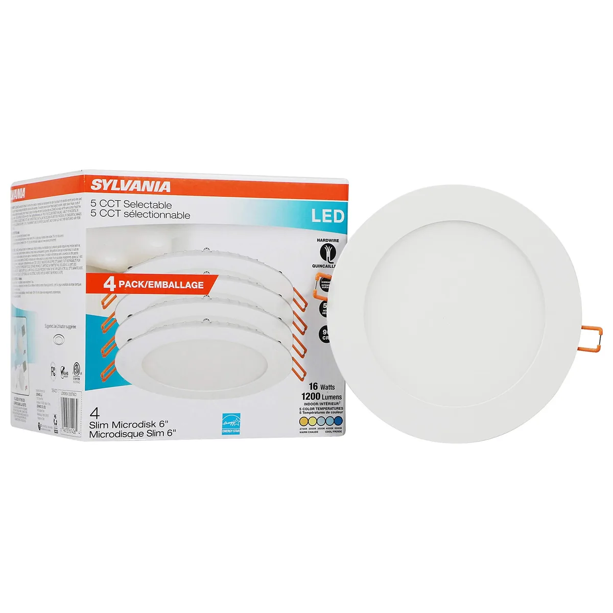 Four slim white 6-inch LED downlights with clear prismatic lenses and remote drivers