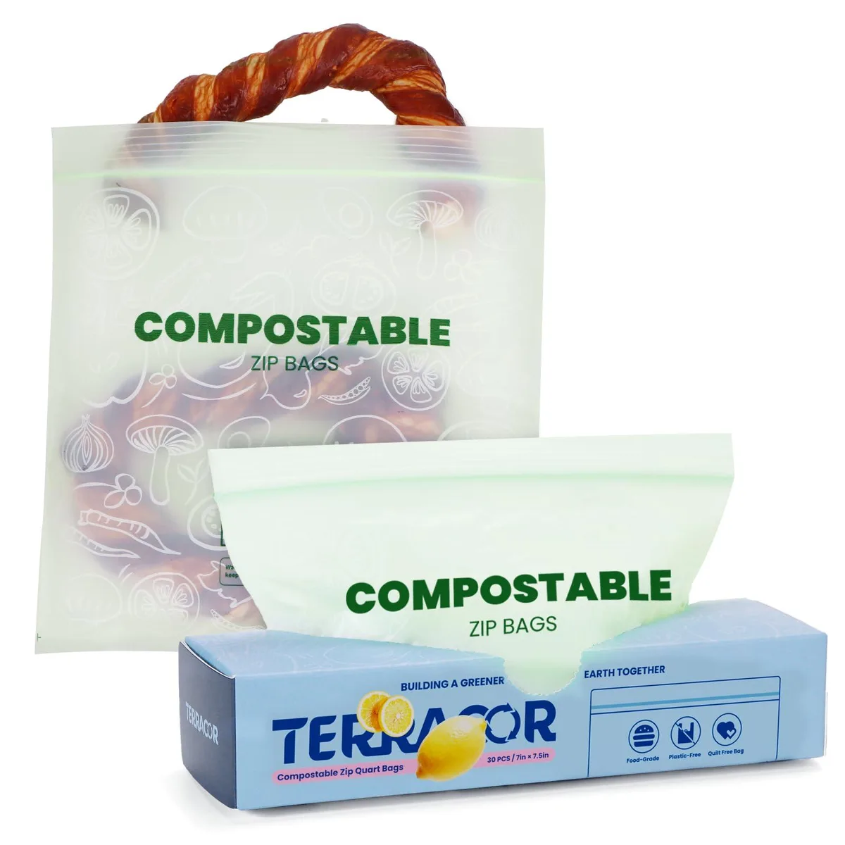 Box of 30 compostable quart food storage bags with zip closure