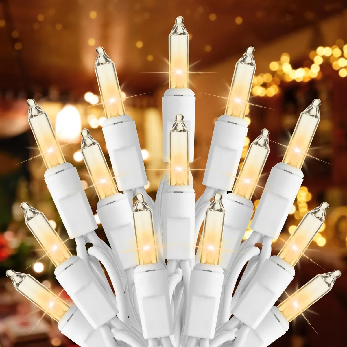 Clear incandescent mini bulbs on 20ft white wire, 100 count, 2.4in spacing, 18in lead