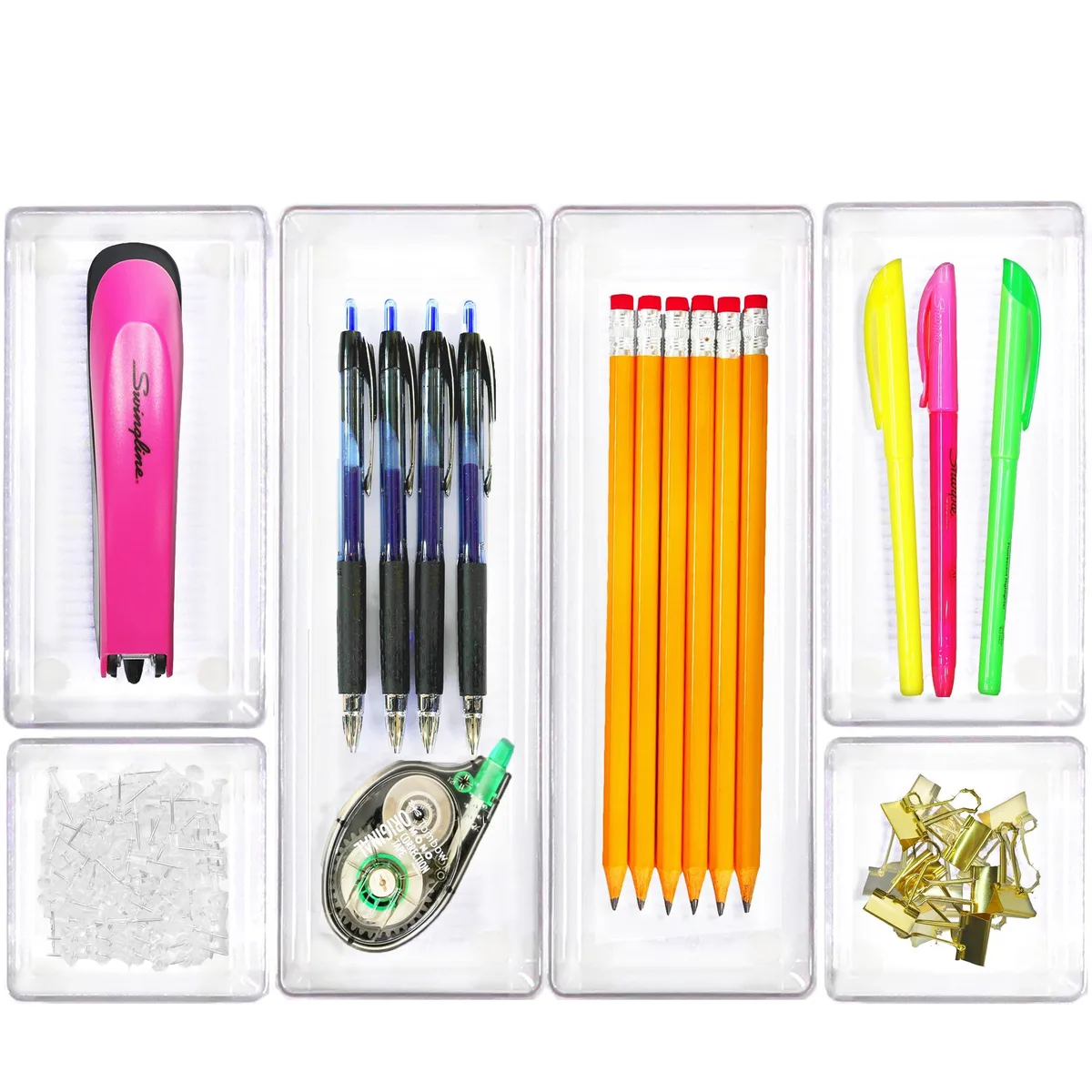 Six clear plastic drawer bins in three sizes with silicone feet