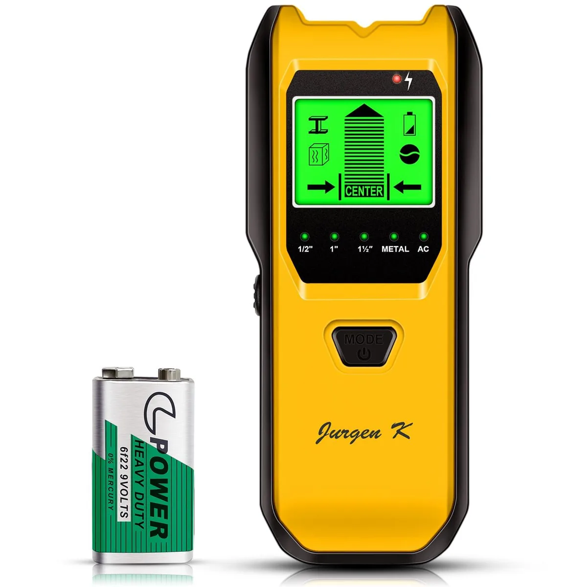 Yellow handheld stud finder with LCD screen and sensor face