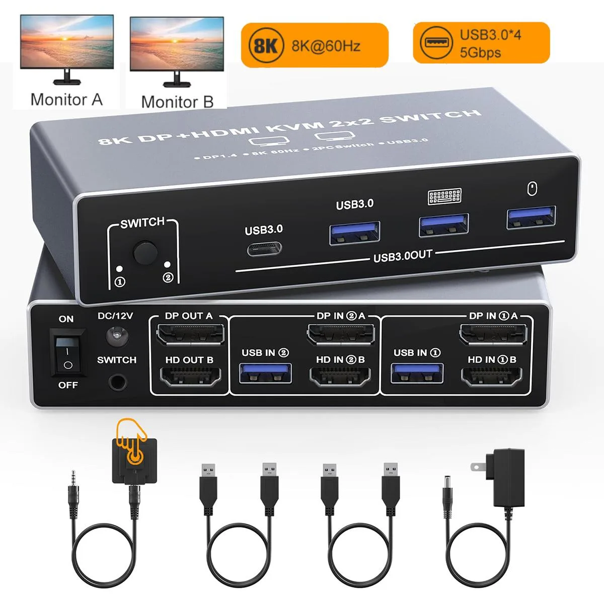 Hitoor Hitoor 8K Dual Monitor KVM Switch, 2 PC 2 Screen, 4 USB 3.0 Ports, 12V Power Adapter, Wired Remote — product photo