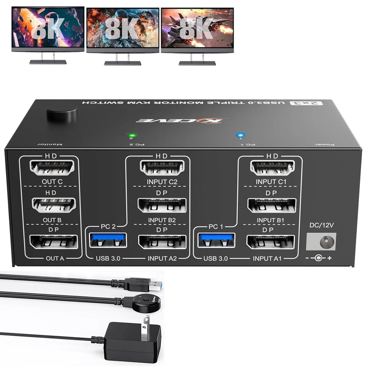 IHDAPP IHDAPP 2 PC 3 Monitor KVM Switch HDMI 2.1 DP 1.4 8K 60Hz 4K 144Hz 4 USB 3.0 Wired Remote — product photo