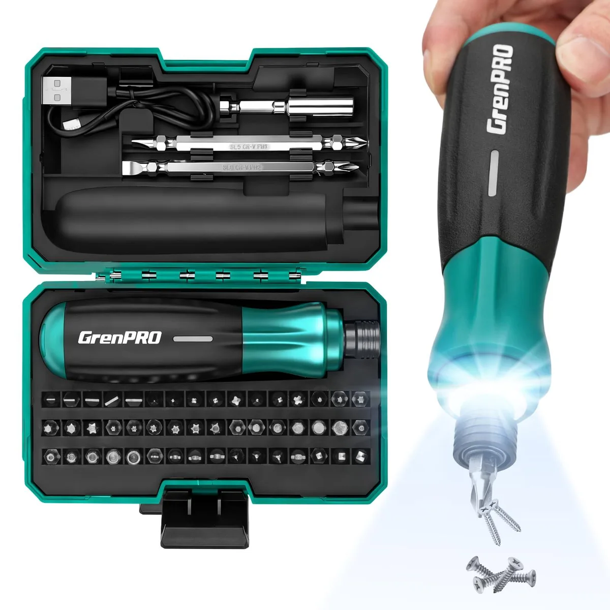 Compact green cordless screwdriver with 51 magnetic bits and built-in LED