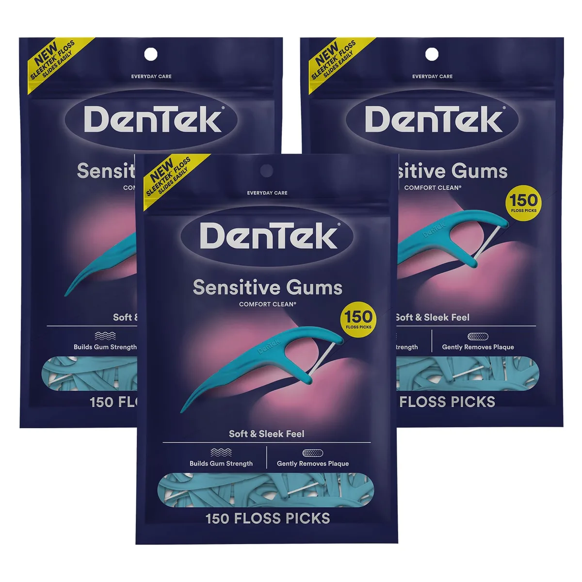 Three packs of mint floss picks in rectangular boxes