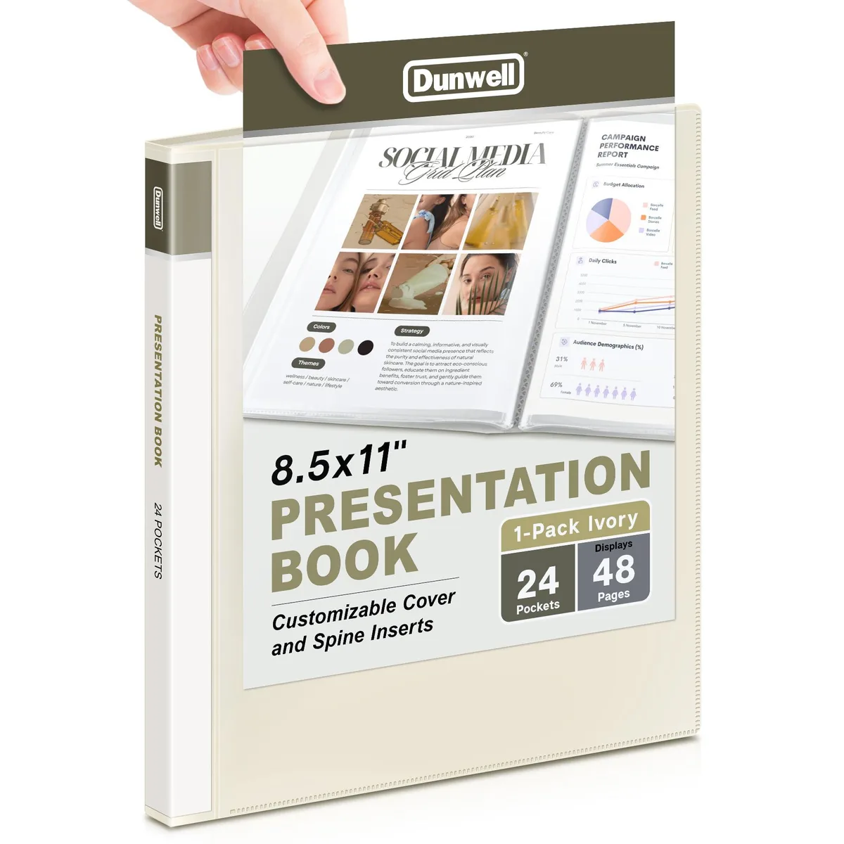 Ivory presentation binder with 24 clear pockets displaying 48 pages