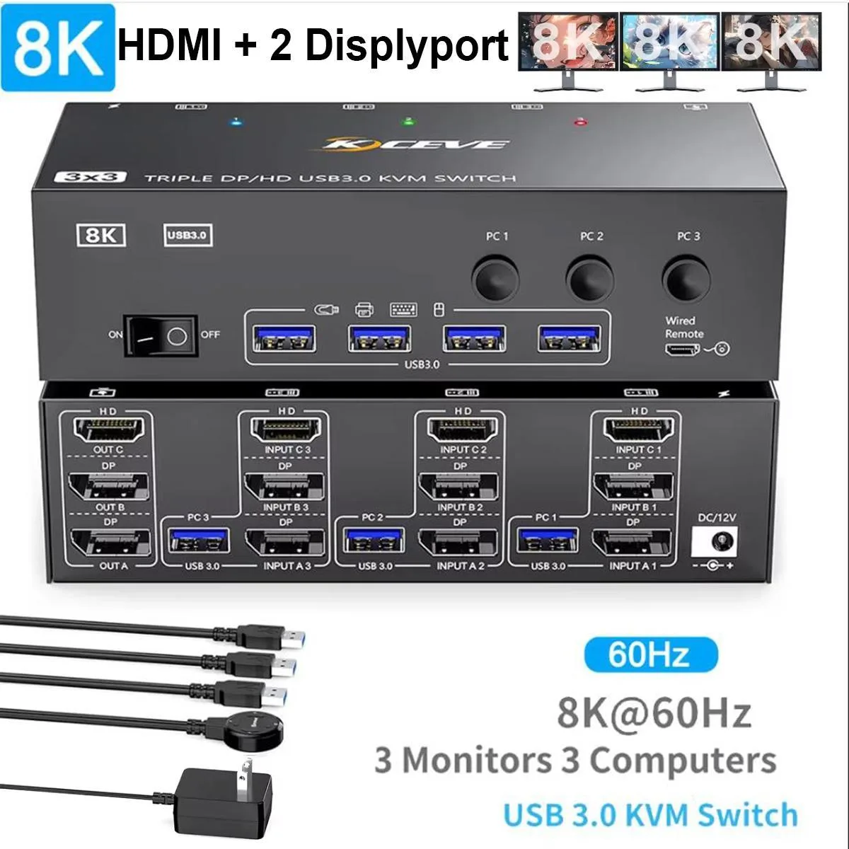 WRIARICH WRIARICH 3-PC 3-Monitor KVM Switch HDMI+2DP 8K@60Hz/4K@144Hz 4×USB 3.0 Wired Remote — product photo