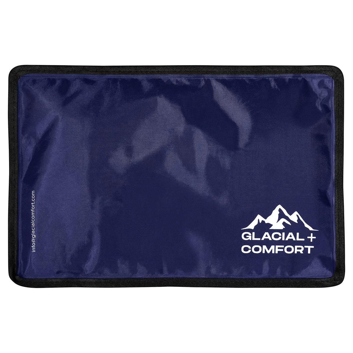 White rectangular gel ice pack with nylon cover measuring 12 by 8 inches