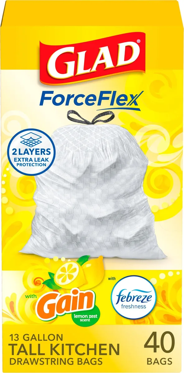 Cardboard box containing 40 white 13-gallon drawstring kitchen trash bags