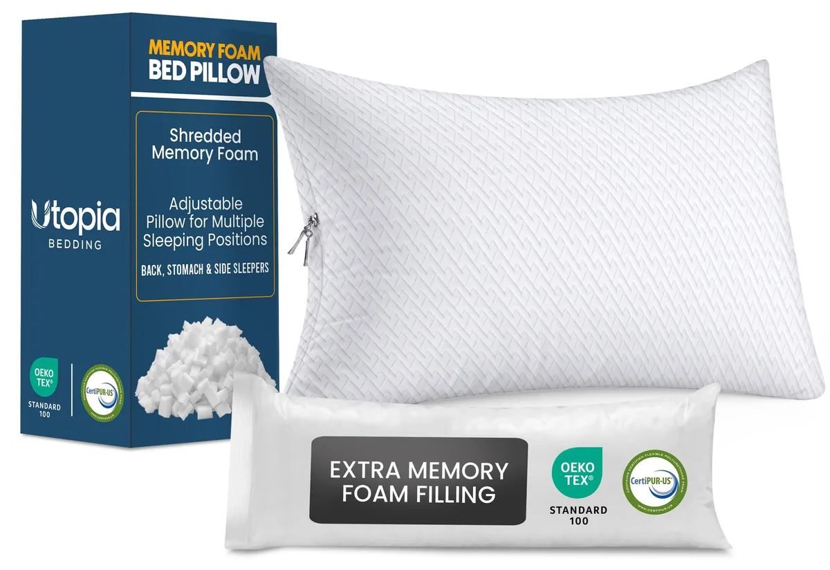 White queen pillow with zippered cover and shredded memory foam fill