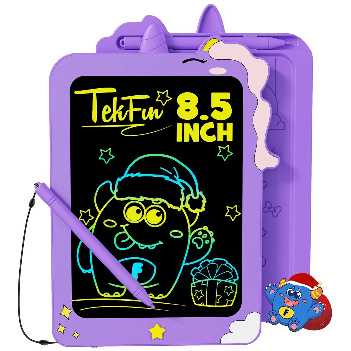 Purple rectangular LCD writing tablet with stylus, 8.5 inch screen, rounded corners, lightweight ABS plastic finish