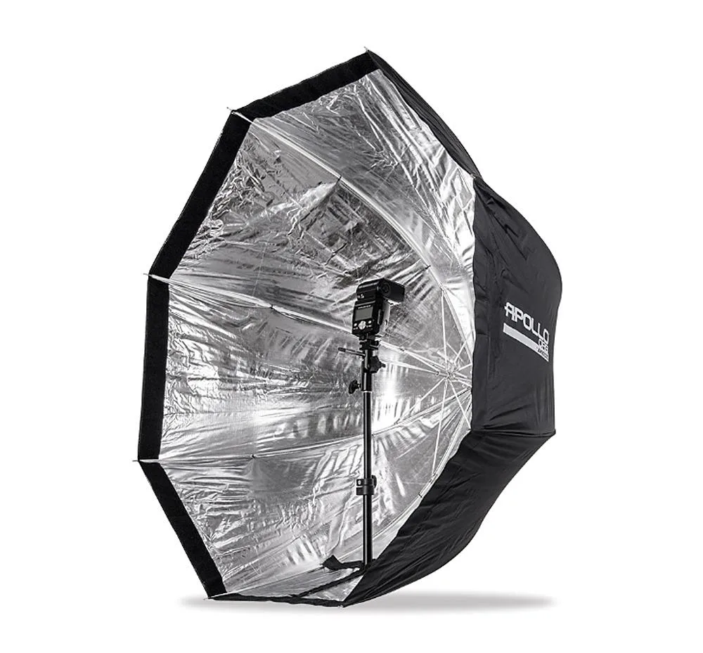 Octagonal softbox with fiberglass ribs, 43.5 inch diameter, silver interior, white diffusion panel, folded to 3.5 by 35 inches