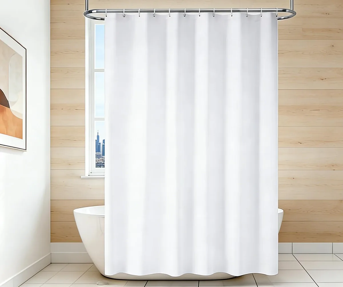 White fabric shower curtain liner with magnetic weighted bottom