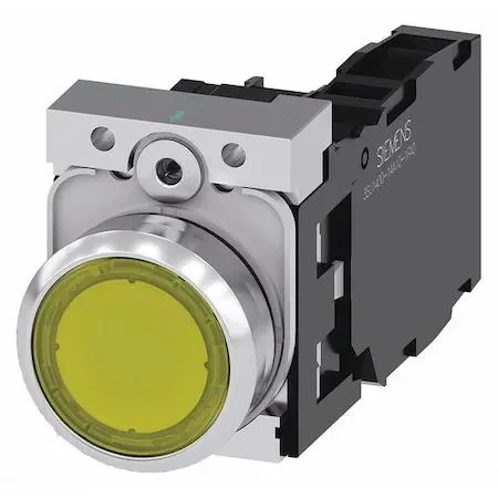Yellow illuminated push button, 22 mm, flush plastic head, nickel-plated brass bezel