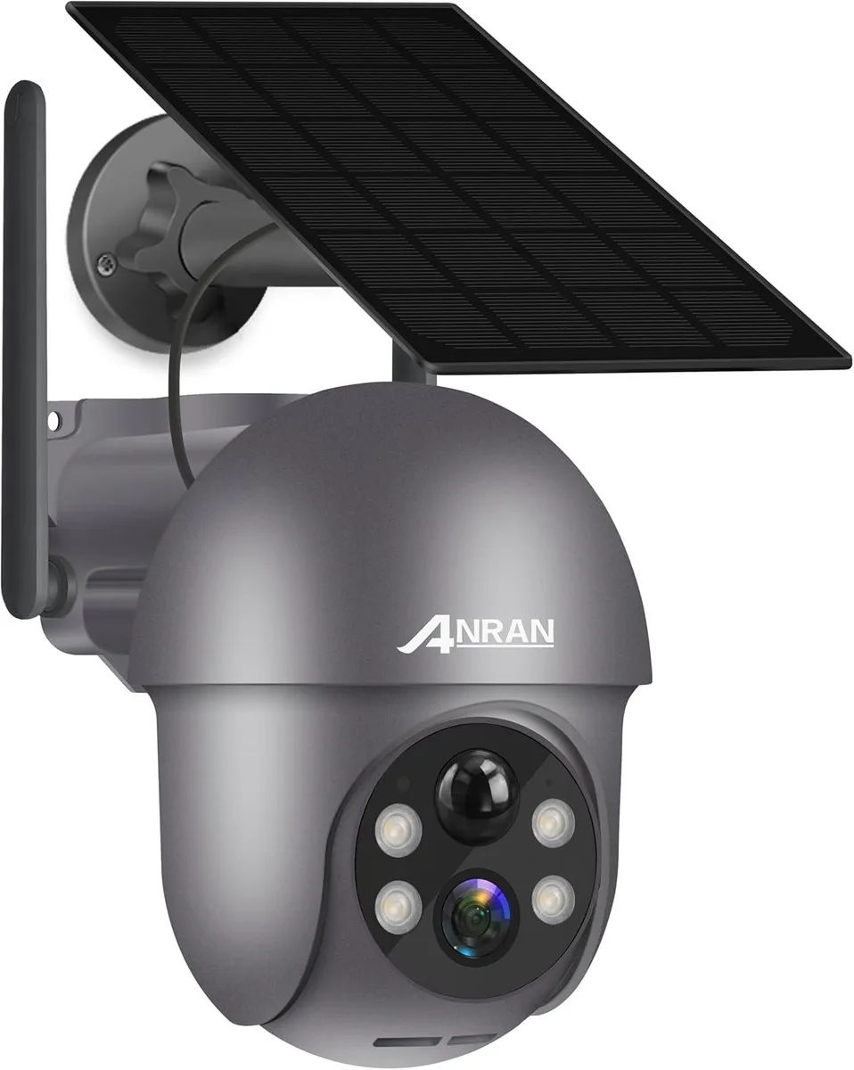 Grey PTZ camera with solar panel, white spotlights, IP65 outdoor housing